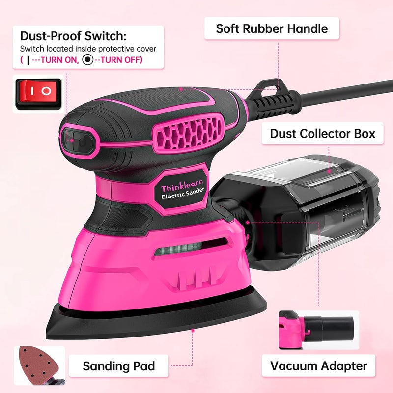 ThinkLearn Detail Sander - 13000 OPM Compact Electric Sander Tool, 1.2A Mouse Sanders with 15Pcs Sandpapers and Dust Box, Handheld Sanding Machine for Woodworking, Furniture and Small Projects - Image 2